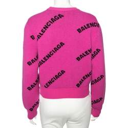 Pre Owned Balenciaga Pink Allover Logo Wool Crew Neck Sweater S