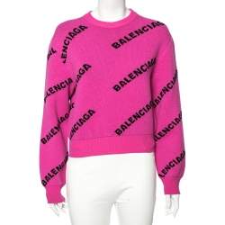 Pre Owned Balenciaga Pink Allover Logo Wool Crew Neck Sweater S
