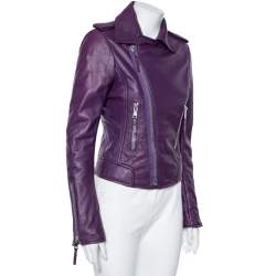 Pre Owned Balenciaga Purple Leather Cropped Biker Jacket M