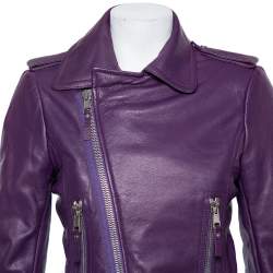 Pre Owned Balenciaga Purple Leather Cropped Biker Jacket M