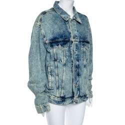 Pre Owned جاكت بالنسياغا فضفاض طباعة شعار دنيم نمط مجعد أزرق مقاس متوسط