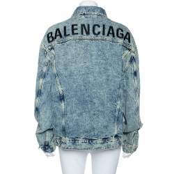 Pre Owned جاكت بالنسياغا فضفاض طباعة شعار دنيم نمط مجعد أزرق مقاس متوسط