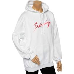 Pre Owned Balenciaga White Lipstick Logo Print Cotton Gathered Back Detail Oversized Hoodie S