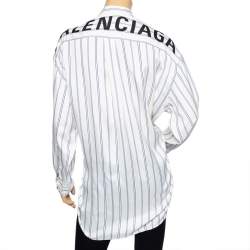 Pre Owned Balenciaga Off-White Striped Silk Logo Printed Oversized Shirt XS