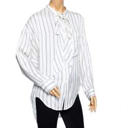 Pre Owned Balenciaga Off-White Striped Silk Logo Printed Oversized Shirt XS