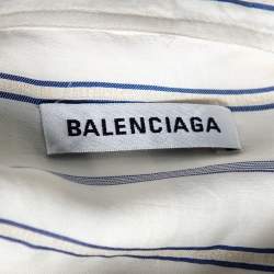 Pre Owned Balenciaga Off-White Striped Silk Logo Printed Oversized Shirt XS