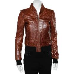 Pre Owned جاكت بالنسياغا سحاب أمامي جلد بني مقاس صغير