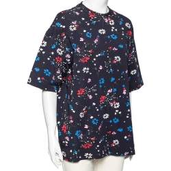 Pre Owned Balenciaga Navy Blue Floral Printed Cotton Oversized Short Sleeve T-Shirt M