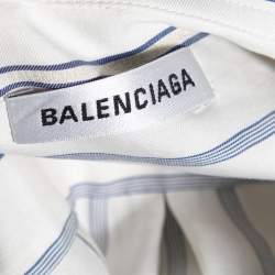 Pre Owned Balenciaga White & Blue Striped Silk Logo Printed Oversized Shirt M
