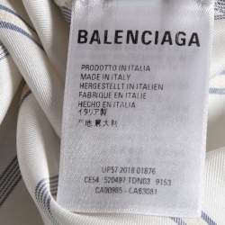 Pre Owned Balenciaga White & Blue Striped Silk Logo Printed Oversized Shirt M