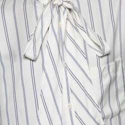 Pre Owned Balenciaga White & Blue Striped Silk Logo Printed Oversized Shirt M