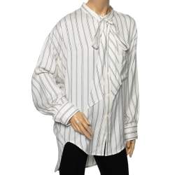 Pre Owned Balenciaga White & Blue Striped Silk Logo Printed Oversized Shirt M