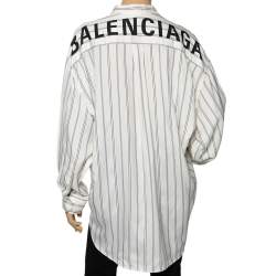 Pre Owned Balenciaga White & Blue Striped Silk Logo Printed Oversized Shirt M