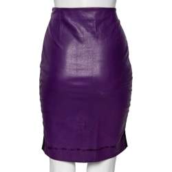 Pre Owned Balenciaga Purple Lambskin Leather Rib Knit Trimmed Skirt M