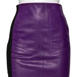 Pre Owned Balenciaga Purple Lambskin Leather Rib Knit Trimmed Skirt M