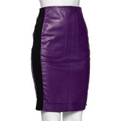 Pre Owned Balenciaga Purple Lambskin Leather Rib Knit Trimmed Skirt M