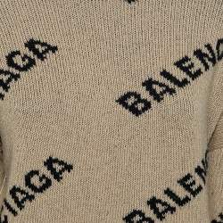 Pre Owned Balenciaga Caramel Brown Allover Logo Wool Oversized Sweater S