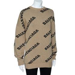 Pre Owned Balenciaga Caramel Brown Allover Logo Wool Oversized Sweater S