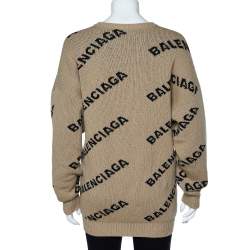 Pre Owned Balenciaga Caramel Brown Allover Logo Wool Oversized Sweater S