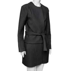 Pre Owned Balenciaga Charcoal Grey Wool, Blend Overlay Detail Belted Mini Dress M