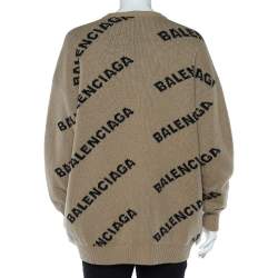 Pre Owned Balenciaga Light Brown Logo Intarsia Wool Knit Oversized Sweater XS