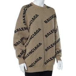 Balenciaga Light Brown Logo Intarsia Wool Knit Oversized Sweater