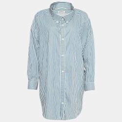 Pre Owned Balenciaga Blue Striped Cotton Logo Printed Oversized Shirt M