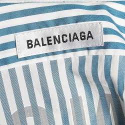 Pre Owned Balenciaga Blue Striped Cotton Logo Printed Oversized Shirt M