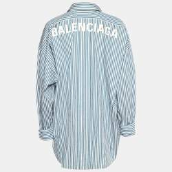Pre Owned Balenciaga Blue Striped Cotton Logo Printed Oversized Shirt M