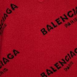 Pre Owned Balenciaga Burgundy Wool Allover Logo V Neck Oversized Sweater L