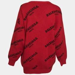Pre Owned Balenciaga Burgundy Wool Allover Logo V Neck Oversized Sweater L