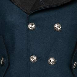 Pre Owned جاكيت بالنسياغا صوف أزرق كحلي بحواف شيرلينغ وصفين أزرار مقاس متوسط - ميديوم