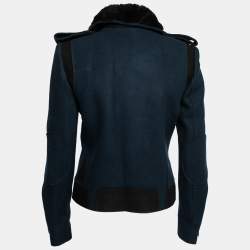 Pre Owned جاكيت بالنسياغا صوف أزرق كحلي بحواف شيرلينغ وصفين أزرار مقاس متوسط - ميديوم