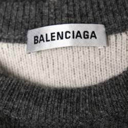 Pre Owned Balenciaga Grey Logo Intarsia Knit Wool Round Neck Jumper XS