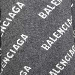 Pre Owned Balenciaga Grey Logo Intarsia Knit Wool Round Neck Jumper XS