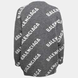 Pre Owned Balenciaga Grey Logo Intarsia Knit Wool Round Neck Jumper XS