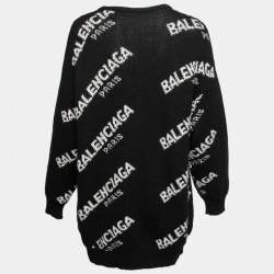 Pre Owned Balenciaga Black Wool Blend Allover Logo Crew Neck Sweater S