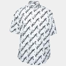 Pre Owned Balenciaga White & Black Signature Logo Print Cotton Oversized Shirt S
