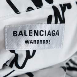 Pre Owned Balenciaga White & Black Signature Logo Print Cotton Oversized Shirt S
