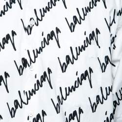 Pre Owned Balenciaga White & Black Signature Logo Print Cotton Oversized Shirt S