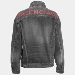 Pre Owned Balenciaga Grey Distressed Denim Logo Print Oversized Jacket S