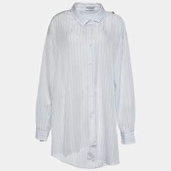Pre Owned Balenciaga White Striped Crepe Asymmetric Pulled Shirt L