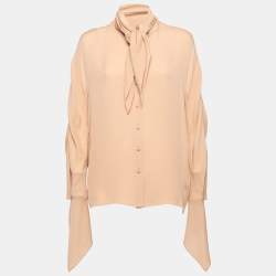 Pre Owned Balenciaga Beige Silk Crepe Neck Tie Detail Button Front Blouse M