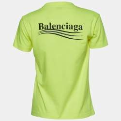 Pre Owned Balenciaga Neon Yellow Political Campaign Logo Print Cotton T-Shirt S