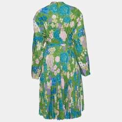 Pre Owned Balenciaga Green Floral Print Crepe Cape Detail Pleated Dress L