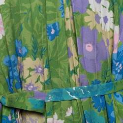 Pre Owned Balenciaga Green Floral Print Crepe Cape Detail Pleated Dress L