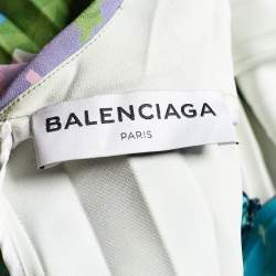 Pre Owned Balenciaga Green Floral Print Crepe Cape Detail Pleated Dress L
