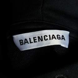 Pre Owned Balenciaga Black Cotton Knit Logo Printed Oversized Hoodie M