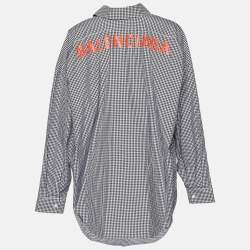 Pre Owned Balenciaga Black Checkered Cotton Logo Printed Oversized Shirt M