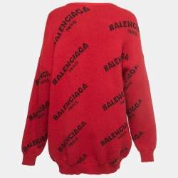 Pre Owned Balenciaga Red Logo Intarsia Knit Wool Oversize Jumper S